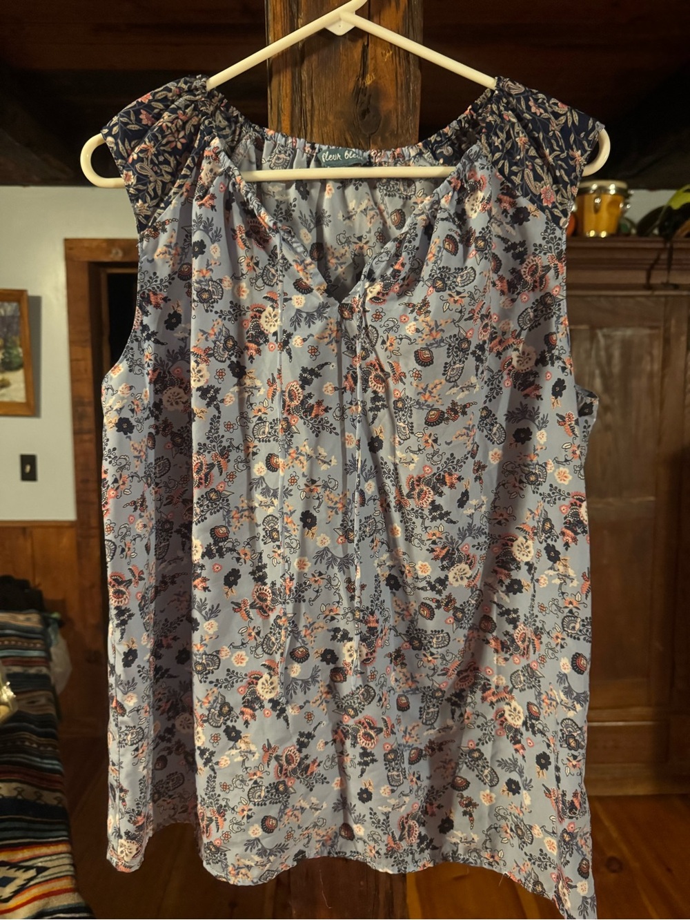 Sleeveless Floral V-Neck Blouse - Blue with Pink Accents